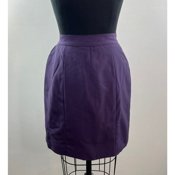 VINTAGE Hanae Mori Purple Pencil Skirt Wool Gold Button Knee Double Split 40 - Picture 7 of 8